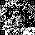 A noisy Floyd-Steinberg dithered picture of Michaelangelo's David, with QR code patterns on top